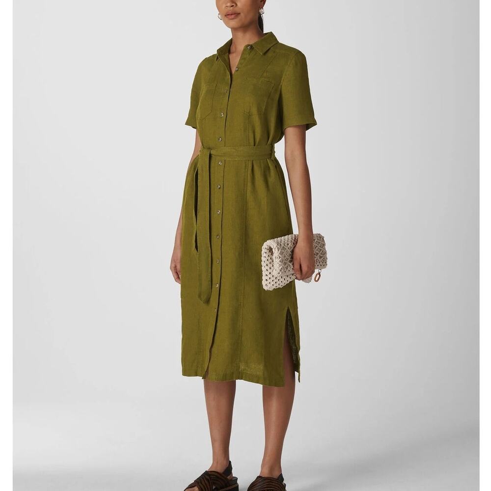 Whistles $279 Khaki Bella Linen Shirt Tie Midi Dress Green Size 6